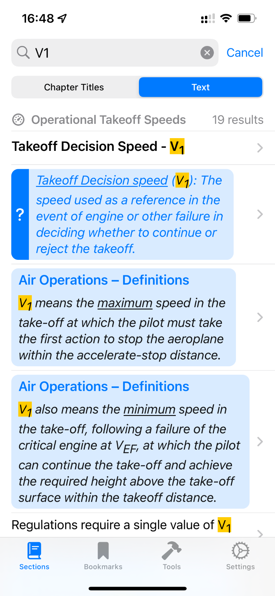 Search results in the B737 PRH app