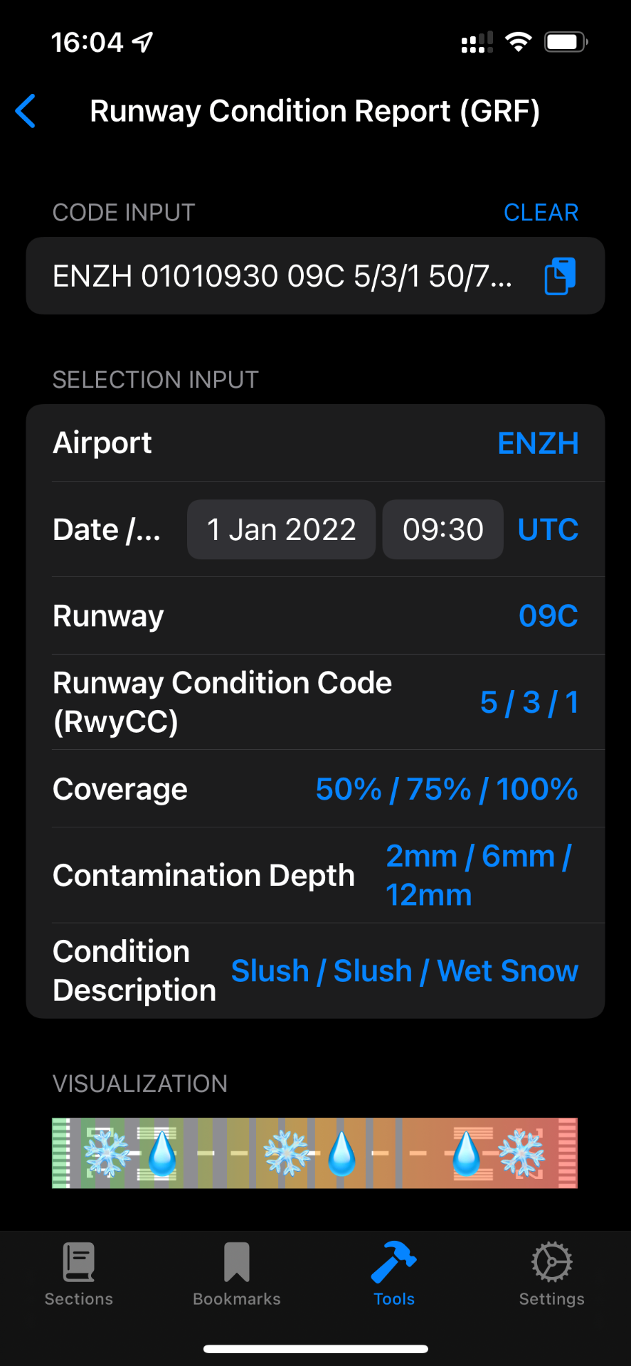 Runway condition report decoder in the B737 PRH app