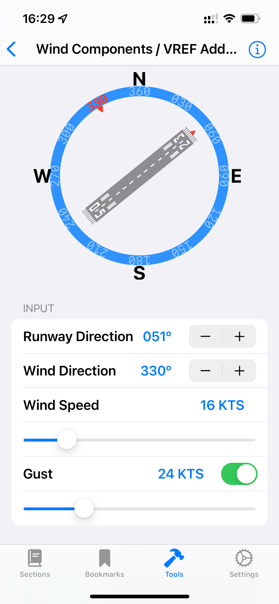 Wind components and Vref additive calculator in the B737 PRH app