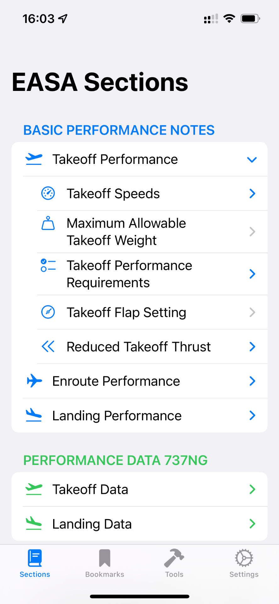 EASA sections menu in the B737 PRH app